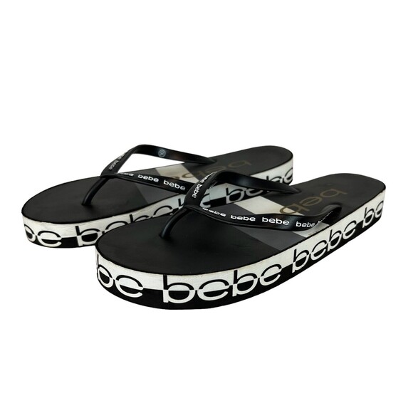 Bebe Logo Flip Flop  Womens Size 10  Flatform Black & White Thong Sandals - Picture 1 of 12